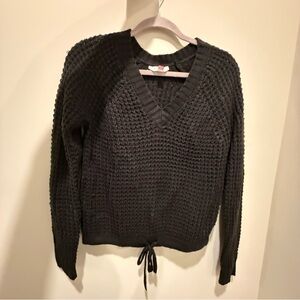 No Boundaries Black V-Neck Chunky Knit Sweater with Drawstring